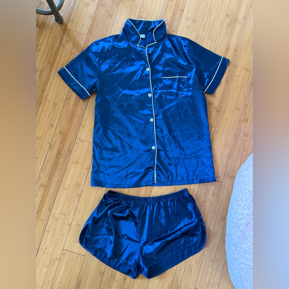 Women’s Pajama Satin Shorts and Button up Shirt — Royal Blue